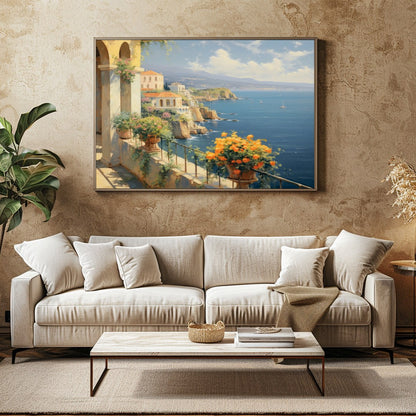 Immerse yourself in the serene beauty of the Mediterranean coastline with this breathtaking for Family Room