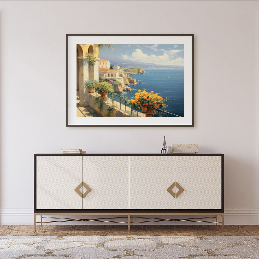 Immerse yourself in the serene beauty of the Mediterranean coastline with this breathtaking for Foyer