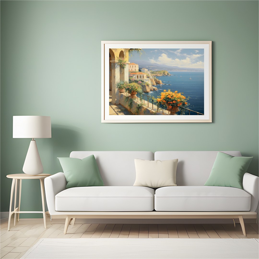 Immerse yourself in the serene beauty of the Mediterranean coastline with this breathtaking for Hall