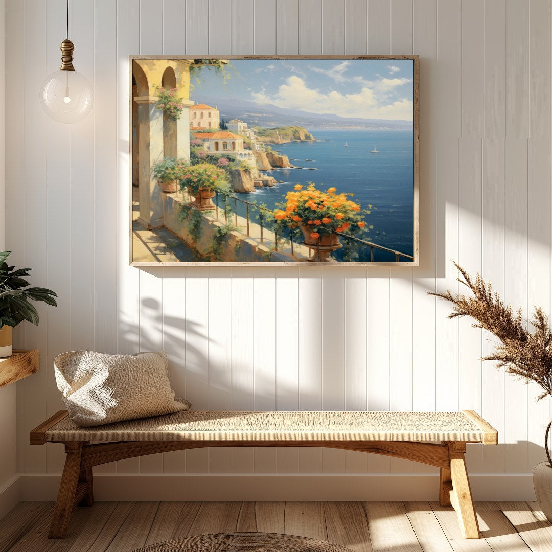 Immerse yourself in the serene beauty of the Mediterranean coastline with this breathtaking for Hallway