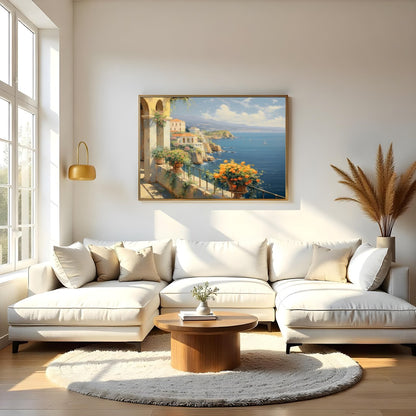 Immerse yourself in the serene beauty of the Mediterranean coastline with this breathtaking for Living Room