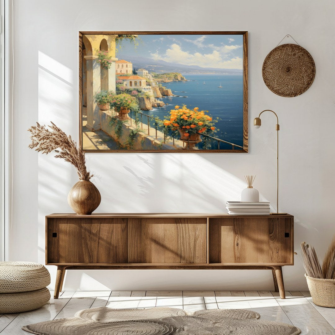 Immerse yourself in the serene beauty of the Mediterranean coastline with this breathtaking for Sitting Area
