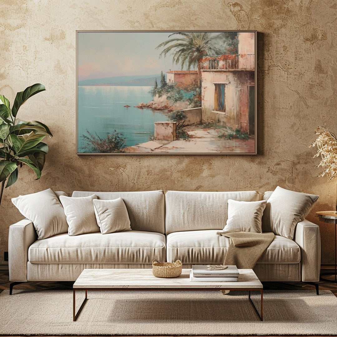 Immerse yourself in the serene beauty of this Mediterranean coastal scene, where tranquil waters for Family Room