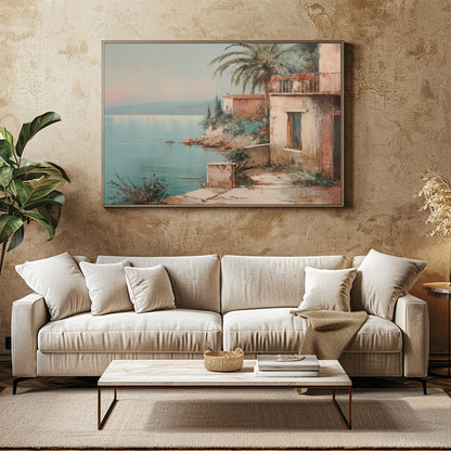 Immerse yourself in the serene beauty of this Mediterranean coastal scene, where tranquil waters for Family Room