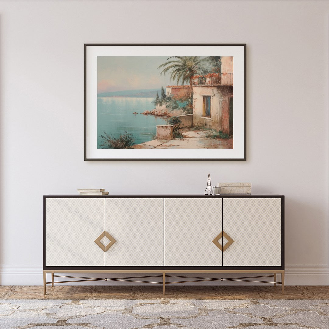 Immerse yourself in the serene beauty of this Mediterranean coastal scene, where tranquil waters for Foyer