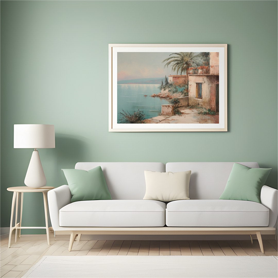 Immerse yourself in the serene beauty of this Mediterranean coastal scene, where tranquil waters for Hall