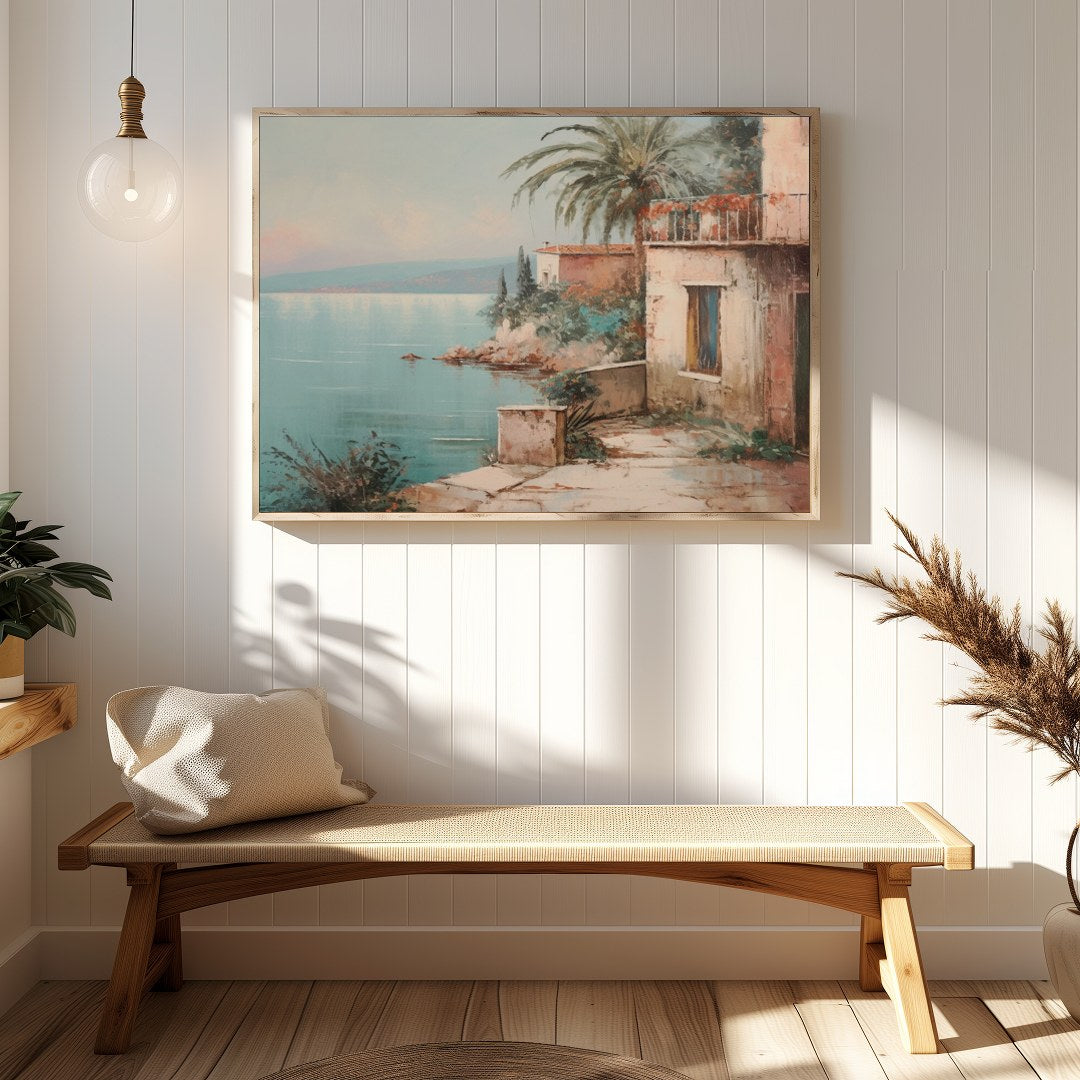 Immerse yourself in the serene beauty of this Mediterranean coastal scene, where tranquil waters for Hallway
