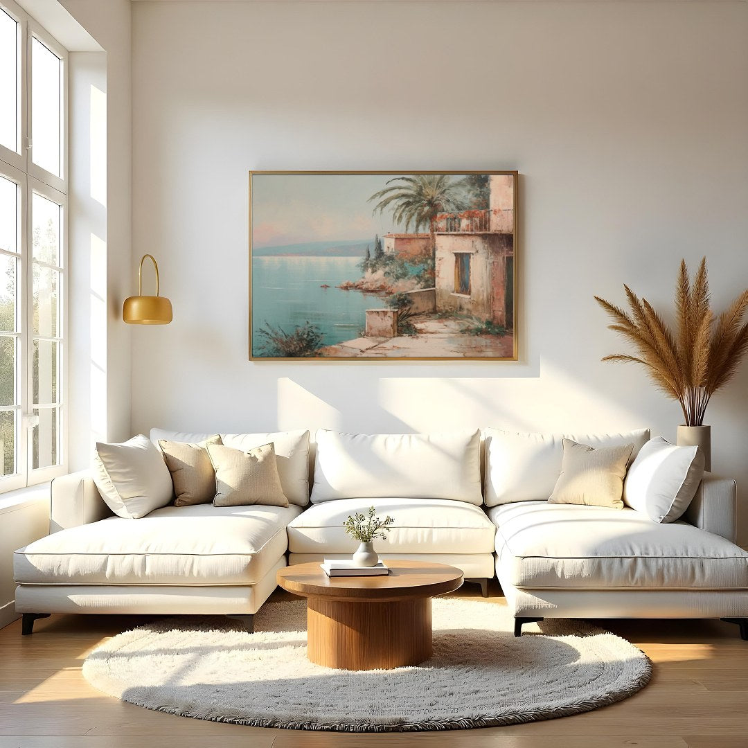 Immerse yourself in the serene beauty of this Mediterranean coastal scene, where tranquil waters for Living Room
