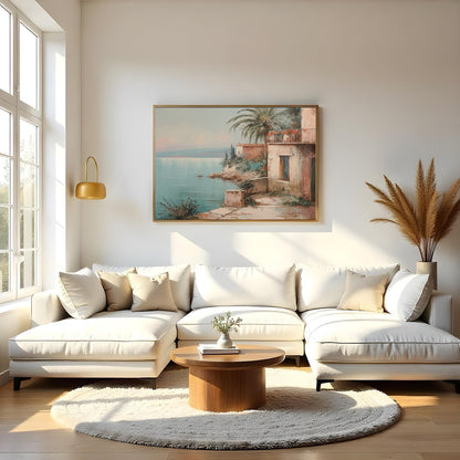 Immerse yourself in the serene beauty of this Mediterranean coastal scene, where tranquil waters for Living Room