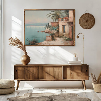 Immerse yourself in the serene beauty of this Mediterranean coastal scene, where tranquil waters for Sitting Area