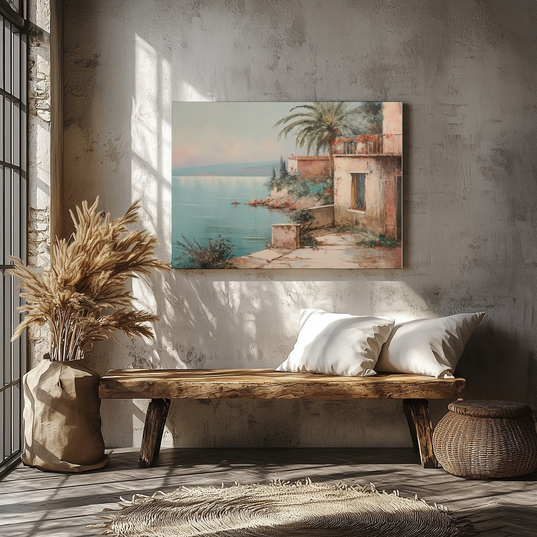 Immerse yourself in the serene beauty of this Mediterranean coastal scene, where tranquil waters for Veranda