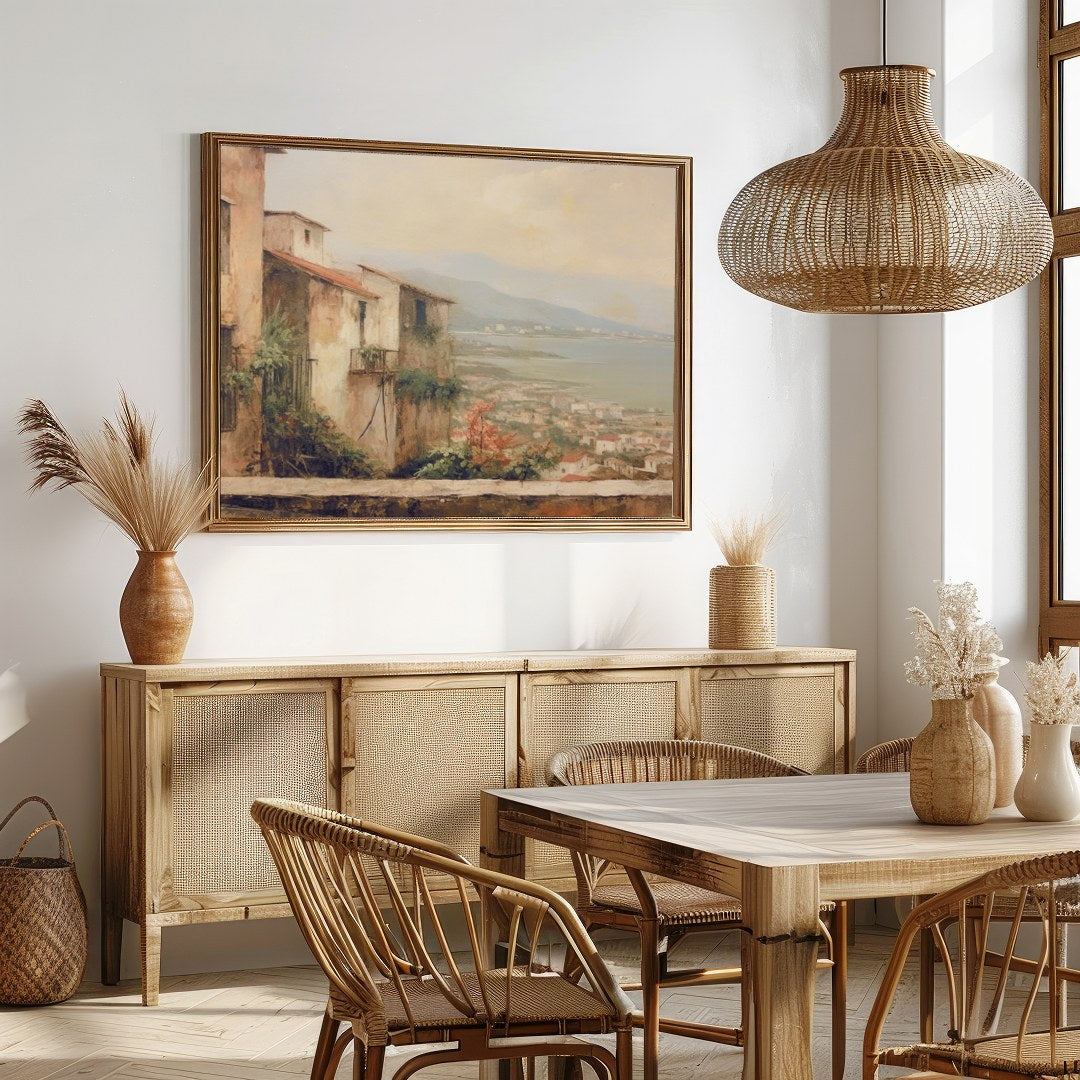 Immerse yourself in the tranquil beauty of a Mediterranean village with this stunning artwork. The for Dining