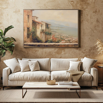 Immerse yourself in the tranquil beauty of a Mediterranean village with this stunning artwork. The for Family Room