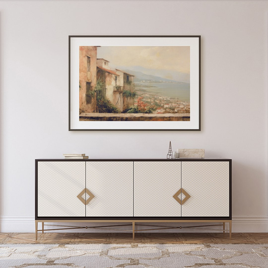 Immerse yourself in the tranquil beauty of a Mediterranean village with this stunning artwork. The for Foyer