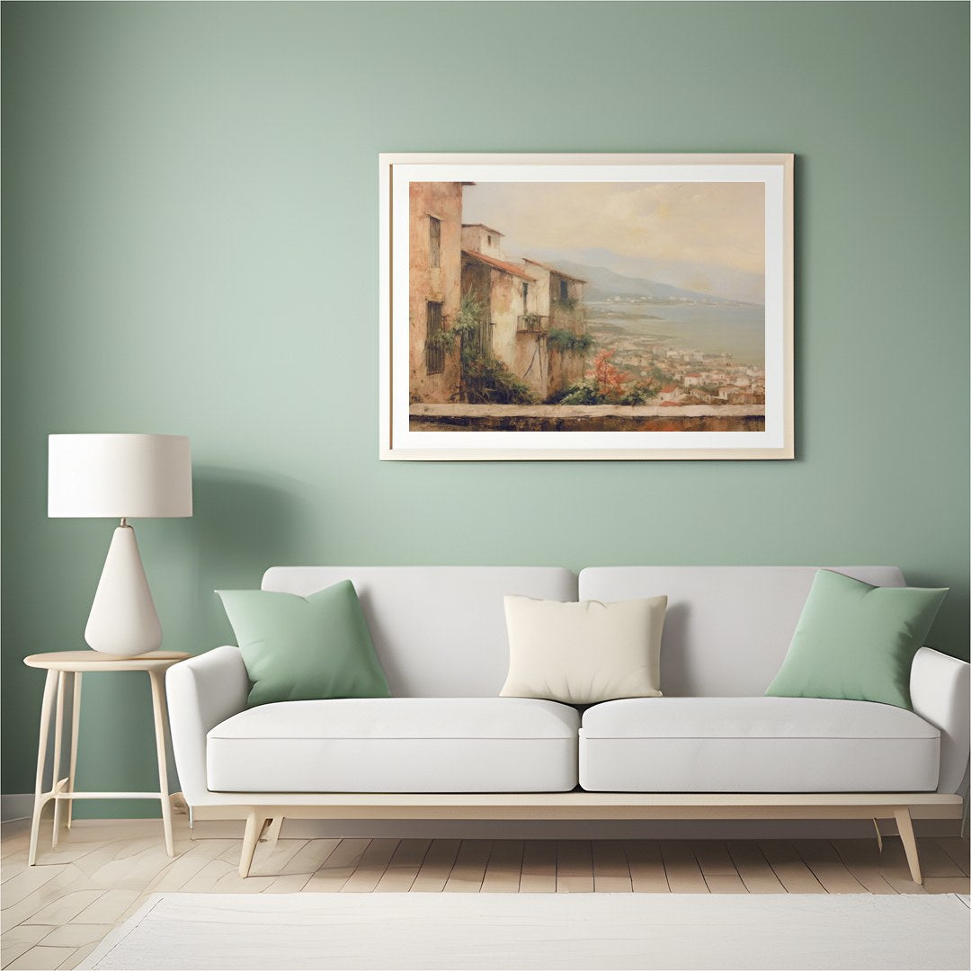 Immerse yourself in the tranquil beauty of a Mediterranean village with this stunning artwork. The for Hall