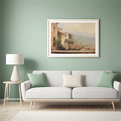 Immerse yourself in the tranquil beauty of a Mediterranean village with this stunning artwork. The for Hall