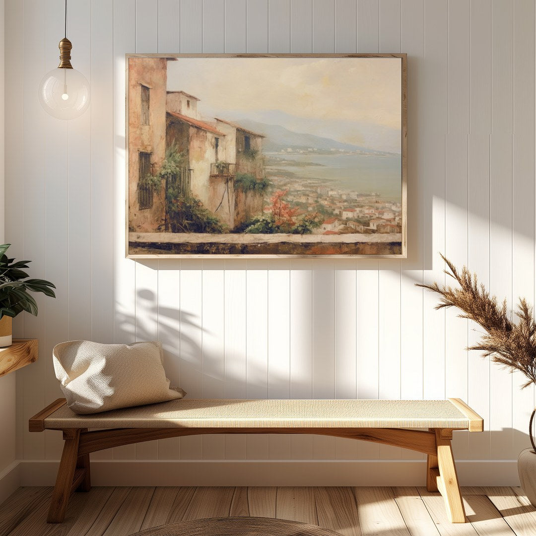 Immerse yourself in the tranquil beauty of a Mediterranean village with this stunning artwork. The for Hallway