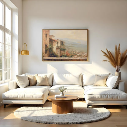 Immerse yourself in the tranquil beauty of a Mediterranean village with this stunning artwork. The for Living Room
