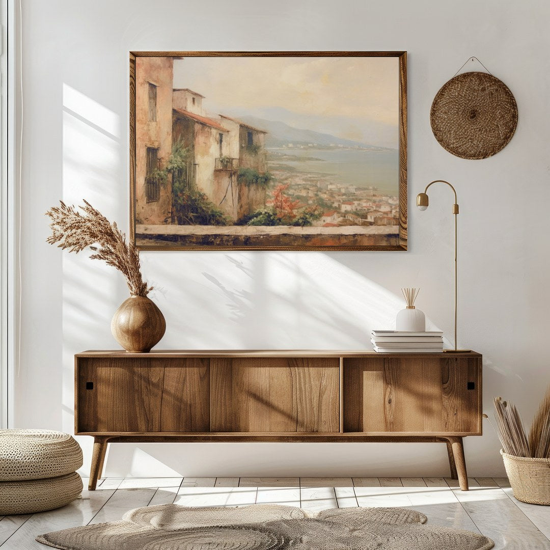 Immerse yourself in the tranquil beauty of a Mediterranean village with this stunning artwork. The for Sitting Area