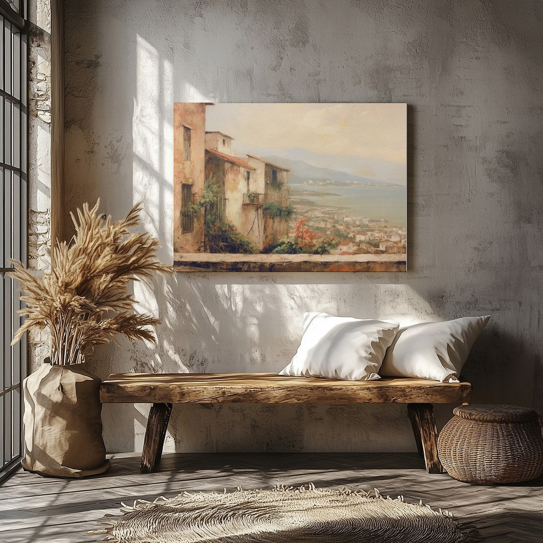 Immerse yourself in the tranquil beauty of a Mediterranean village with this stunning artwork. The for Veranda