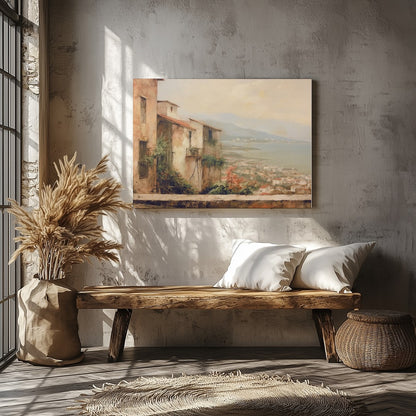 Immerse yourself in the tranquil beauty of a Mediterranean village with this stunning artwork. The for Veranda