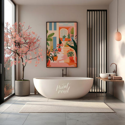 This vibrant digital illustration captures the charm of a sunlit Mediterranean courtyard, featuring… for bathroom