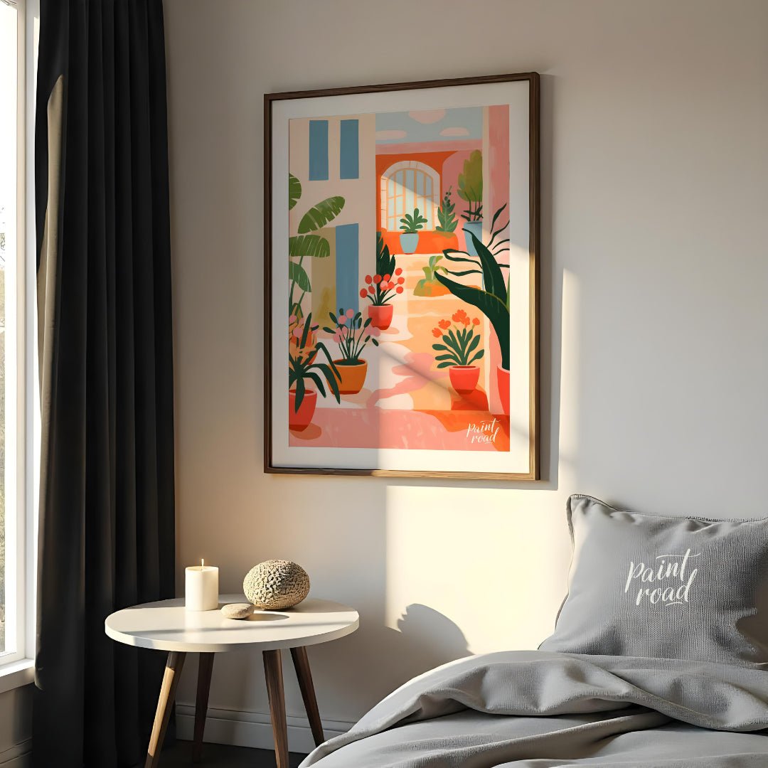 This vibrant digital illustration captures the charm of a sunlit Mediterranean courtyard, featuring… for bedroom