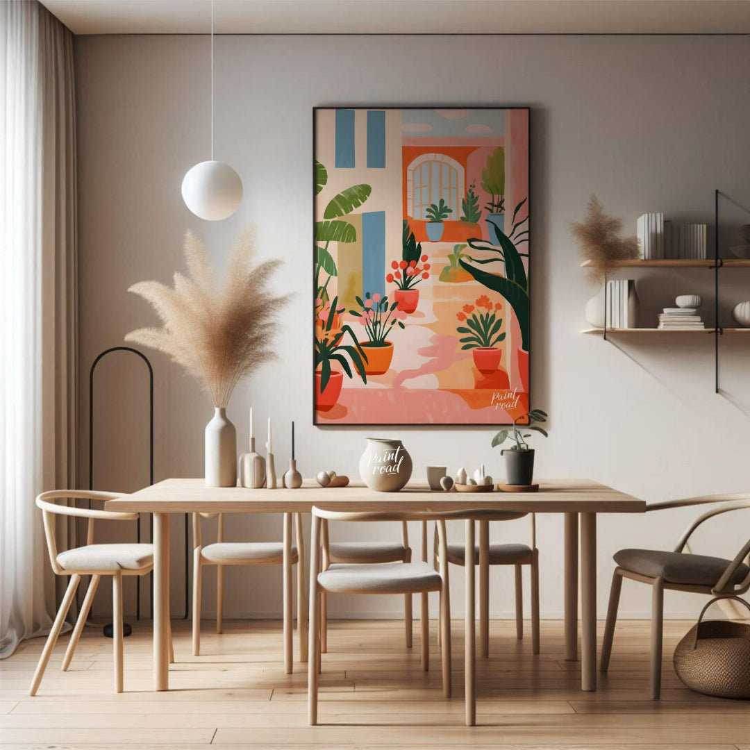 This vibrant digital illustration captures the charm of a sunlit Mediterranean courtyard, featuring… for dining room