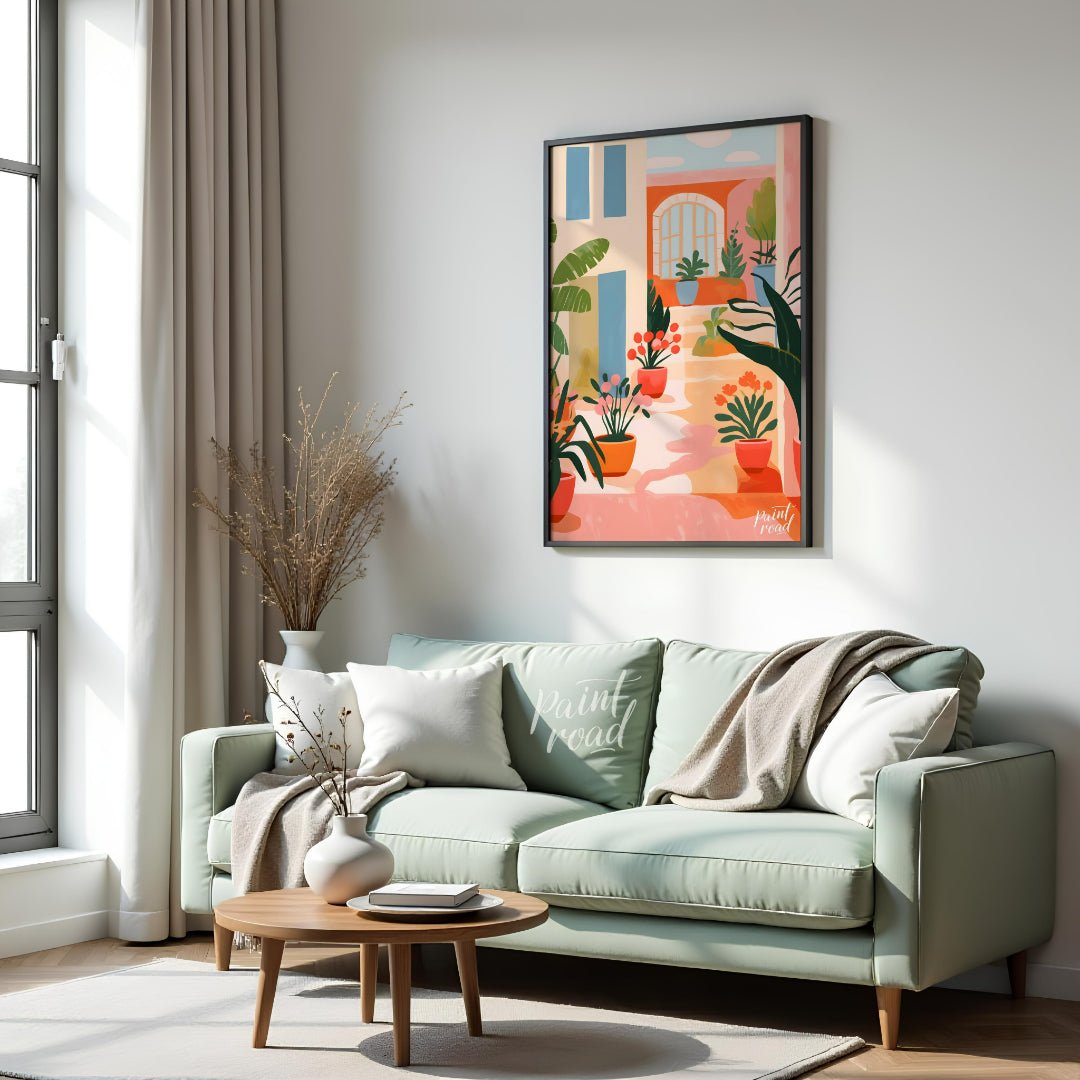 This vibrant digital illustration captures the charm of a sunlit Mediterranean courtyard, featuring… for living room