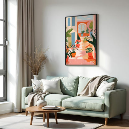 This vibrant digital illustration captures the charm of a sunlit Mediterranean courtyard, featuring… for living room