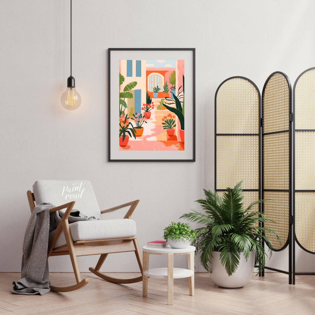 This vibrant digital illustration captures the charm of a sunlit Mediterranean courtyard, featuring… for living room