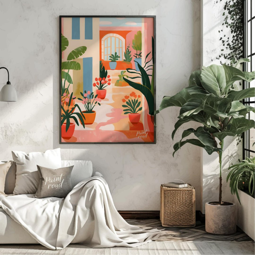 This vibrant digital illustration captures the charm of a sunlit Mediterranean courtyard, featuring… for living room