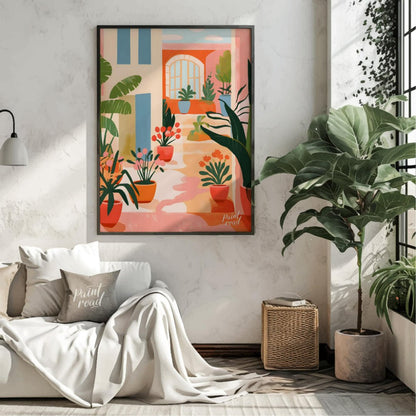 This vibrant digital illustration captures the charm of a sunlit Mediterranean courtyard, featuring… for living room