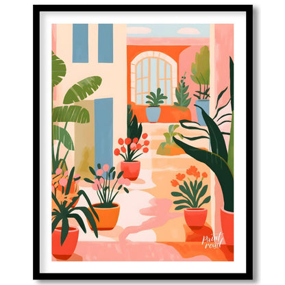 This vibrant digital illustration captures the charm of a sunlit Mediterranean courtyard, featuring… for lovely house