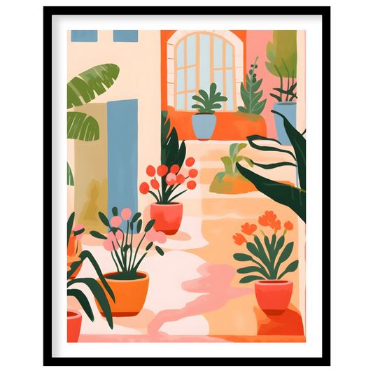 This vibrant digital illustration captures the charm of a sunlit Mediterranean courtyard, featuring… for lovely house
