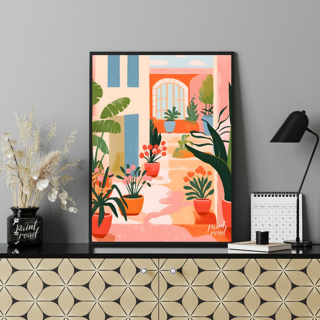 This vibrant digital illustration captures the charm of a sunlit Mediterranean courtyard, featuring… for office