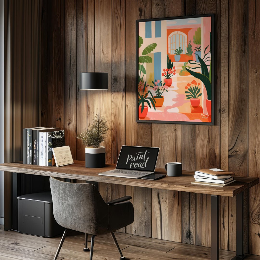 This vibrant digital illustration captures the charm of a sunlit Mediterranean courtyard, featuring… for office
