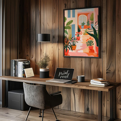 This vibrant digital illustration captures the charm of a sunlit Mediterranean courtyard, featuring… for office