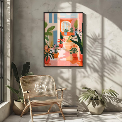 This vibrant digital illustration captures the charm of a sunlit Mediterranean courtyard, featuring… for other