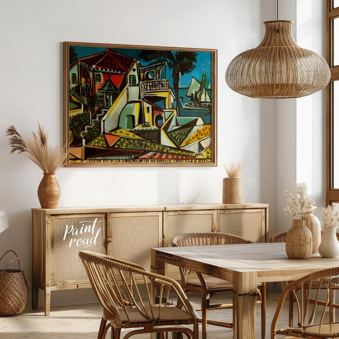 This vibrant painting, “Mediterranean Landscape” by Pablo Picasso, showcases a charming and colorfu… for dining room