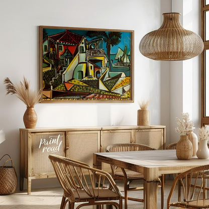 This vibrant painting, “Mediterranean Landscape” by Pablo Picasso, showcases a charming and colorfu… for dining room