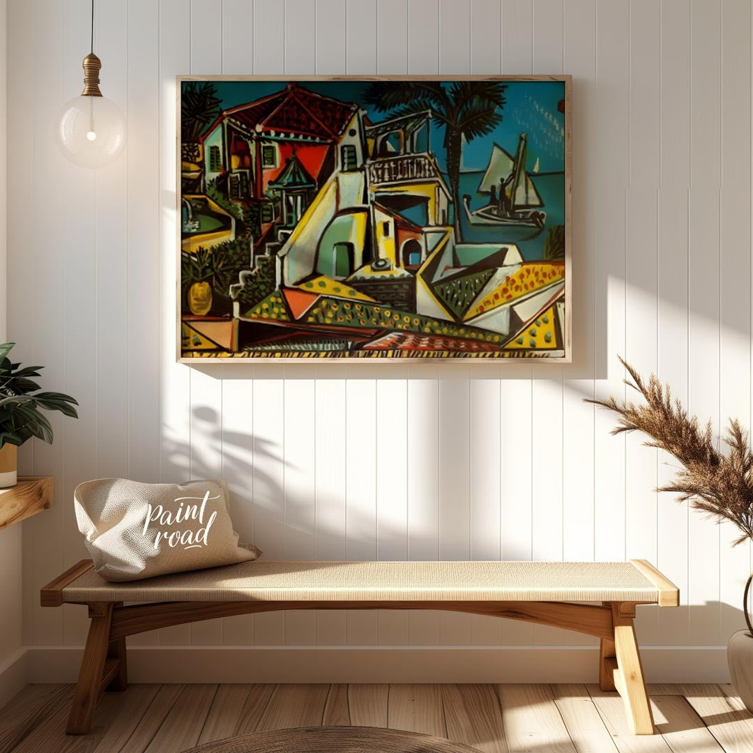 This vibrant painting, “Mediterranean Landscape” by Pablo Picasso, showcases a charming and colorfu… for entryway
