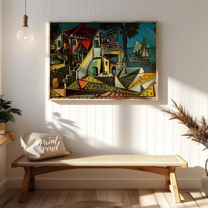 This vibrant painting, “Mediterranean Landscape” by Pablo Picasso, showcases a charming and colorfu… for entryway