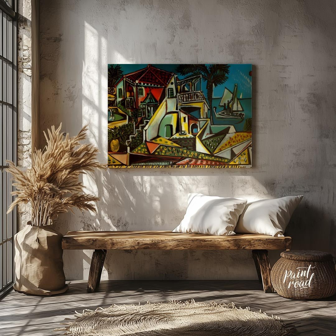 This vibrant painting, “Mediterranean Landscape” by Pablo Picasso, showcases a charming and colorfu… for entryway