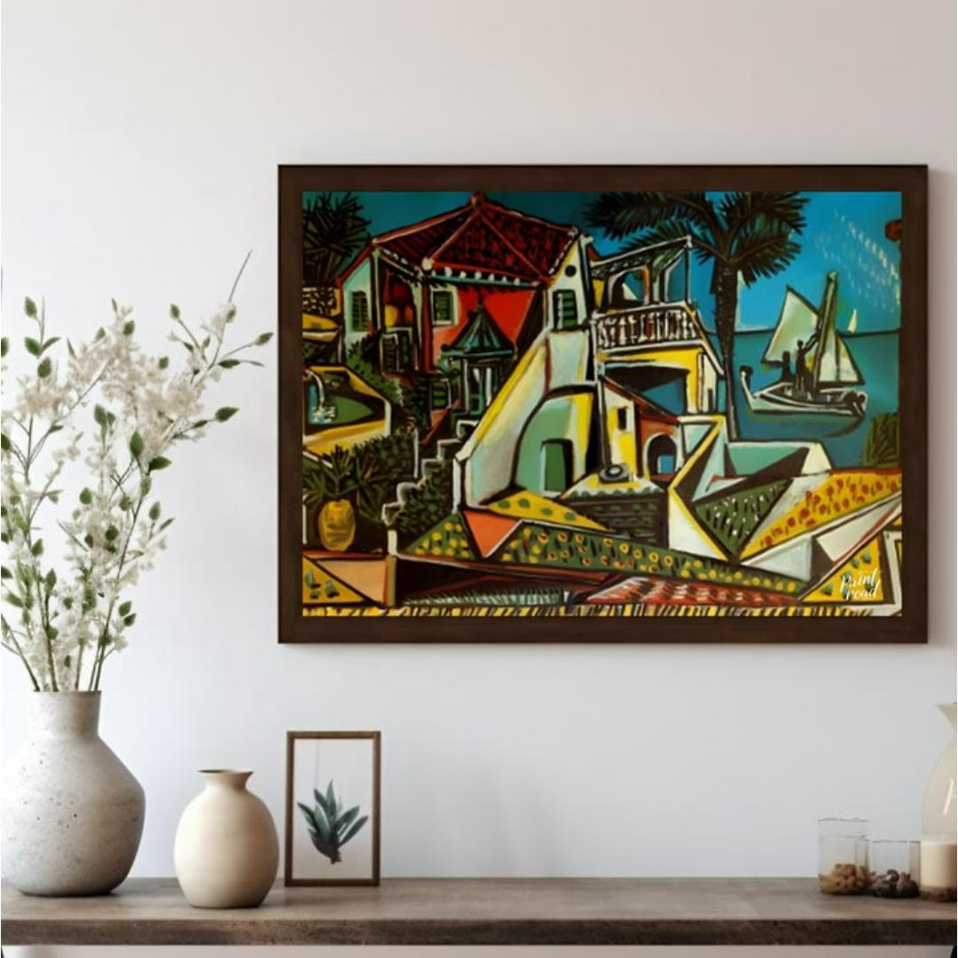 This vibrant painting, “Mediterranean Landscape” by Pablo Picasso, showcases a charming and colorfu… for living room