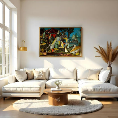 This vibrant painting, “Mediterranean Landscape” by Pablo Picasso, showcases a charming and colorfu… for living room