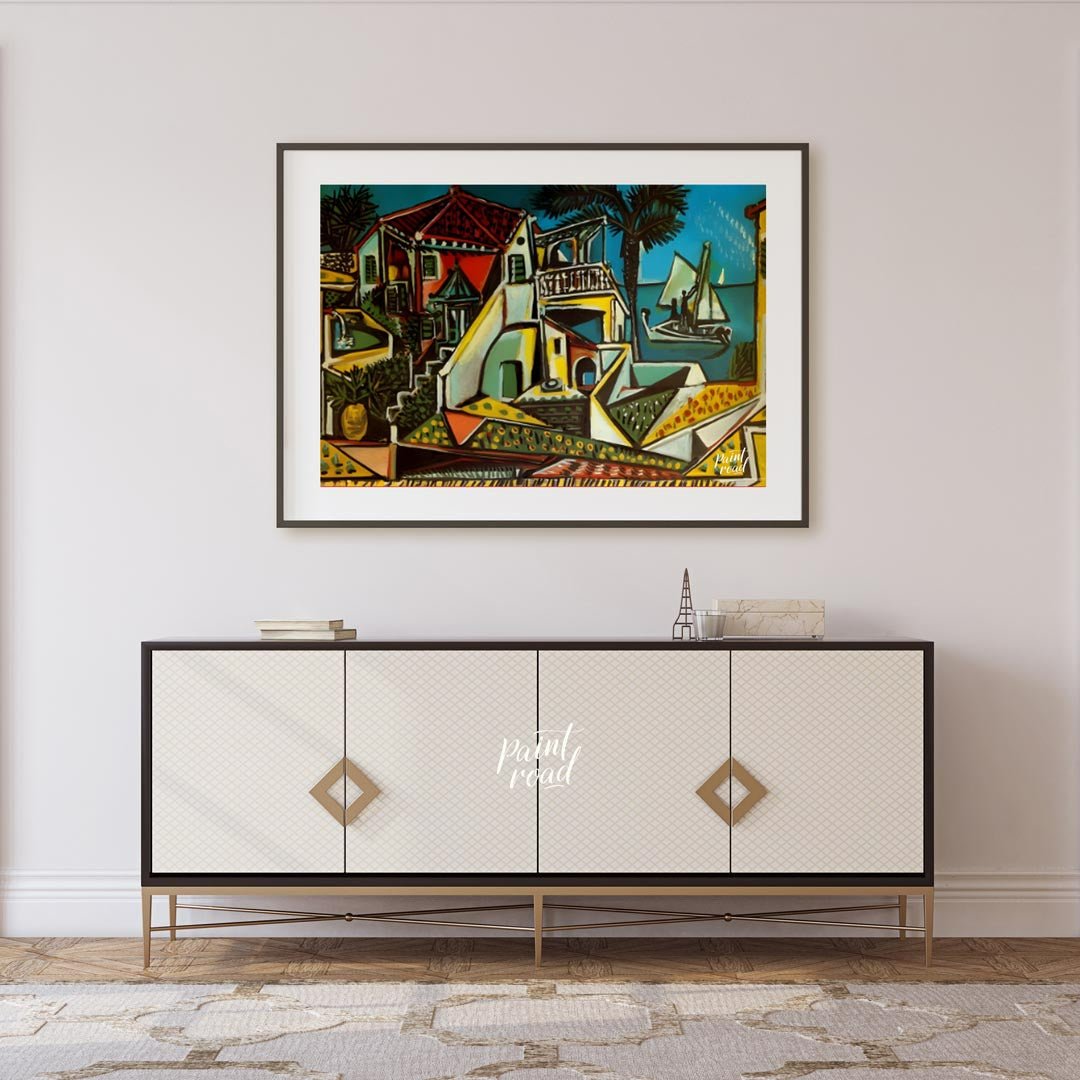 This vibrant painting, “Mediterranean Landscape” by Pablo Picasso, showcases a charming and colorfu… for living room