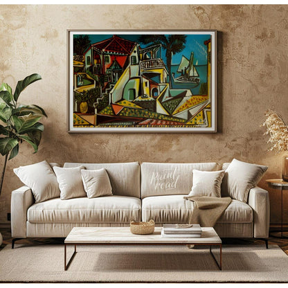 This vibrant painting, “Mediterranean Landscape” by Pablo Picasso, showcases a charming and colorfu… for living room