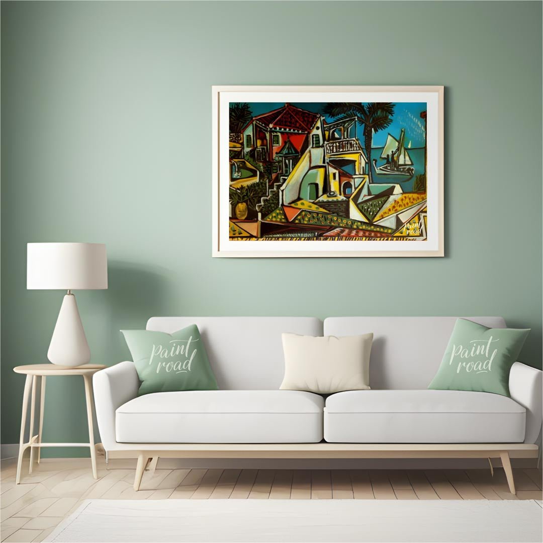 This vibrant painting, “Mediterranean Landscape” by Pablo Picasso, showcases a charming and colorfu… for living room