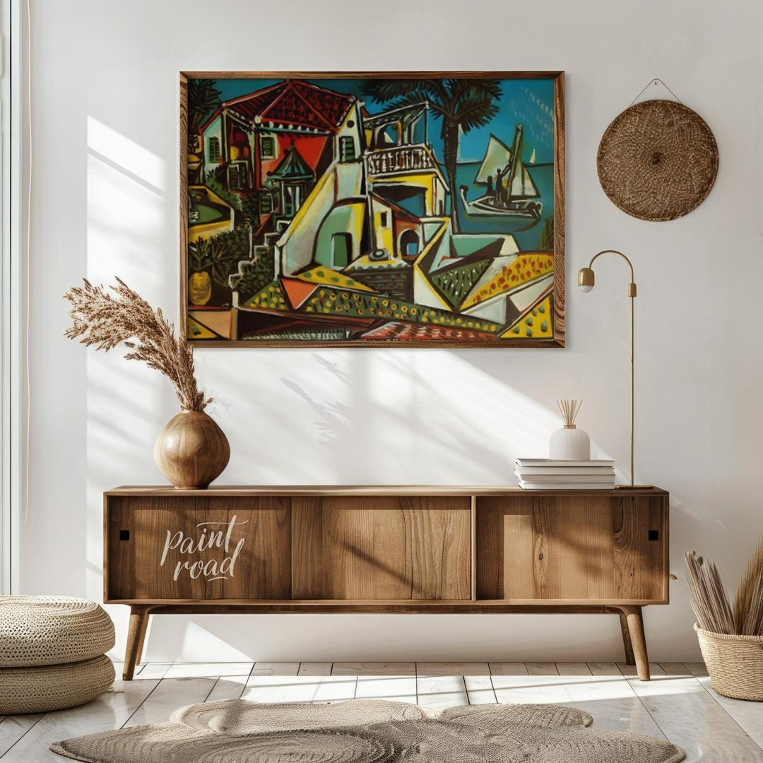 This vibrant painting, “Mediterranean Landscape” by Pablo Picasso, showcases a charming and colorfu… for living room